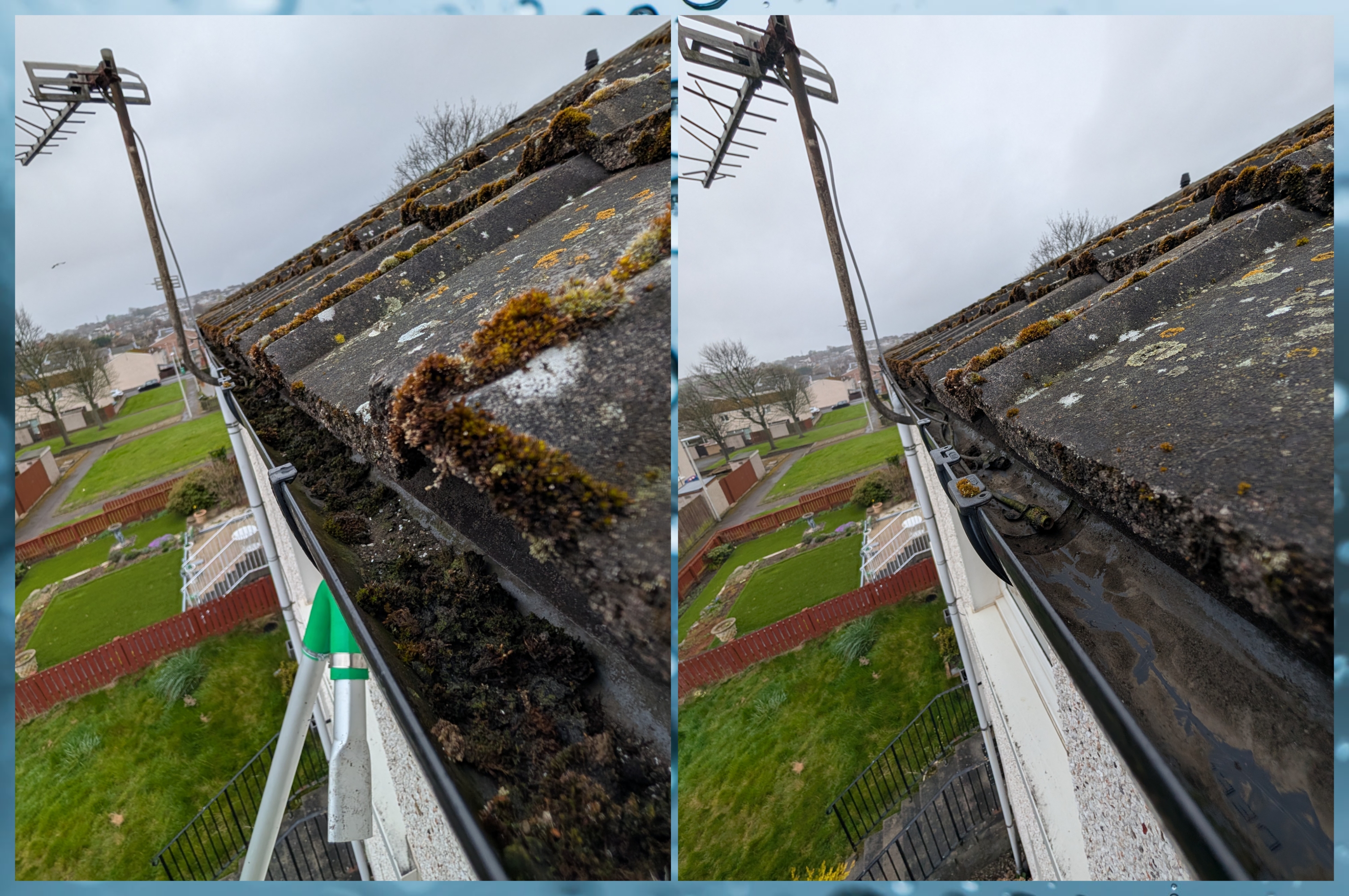 Before and after gutter cleaning showing a blocked gutter cleared in Fife